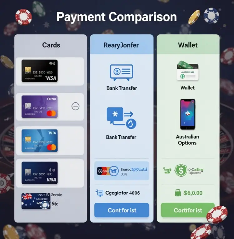 A payment comparison sheet shows cards, bank transfer, wallet and phone options for Australian casino players.