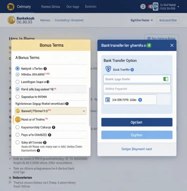 A bonus terms panel is open next to a bank transfer payment option.