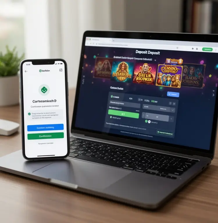 A banking app confirmation appears beside a casino deposit page on a laptop.