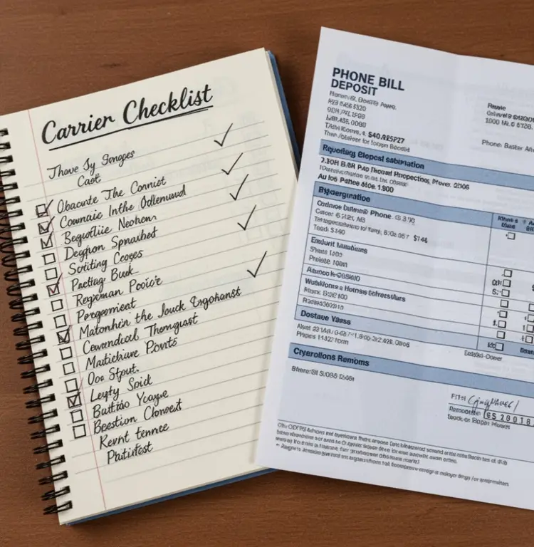 A handwritten carrier checklist sits next to a phone bill deposit page.