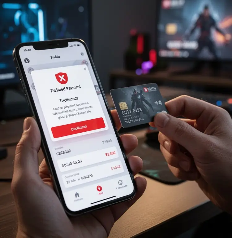 A phone screen shows a declined payment notice while a player reviews card details carefully.