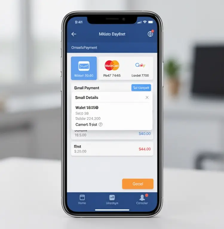A mobile cashier screen shows a small details tab under the wallet payment option.
