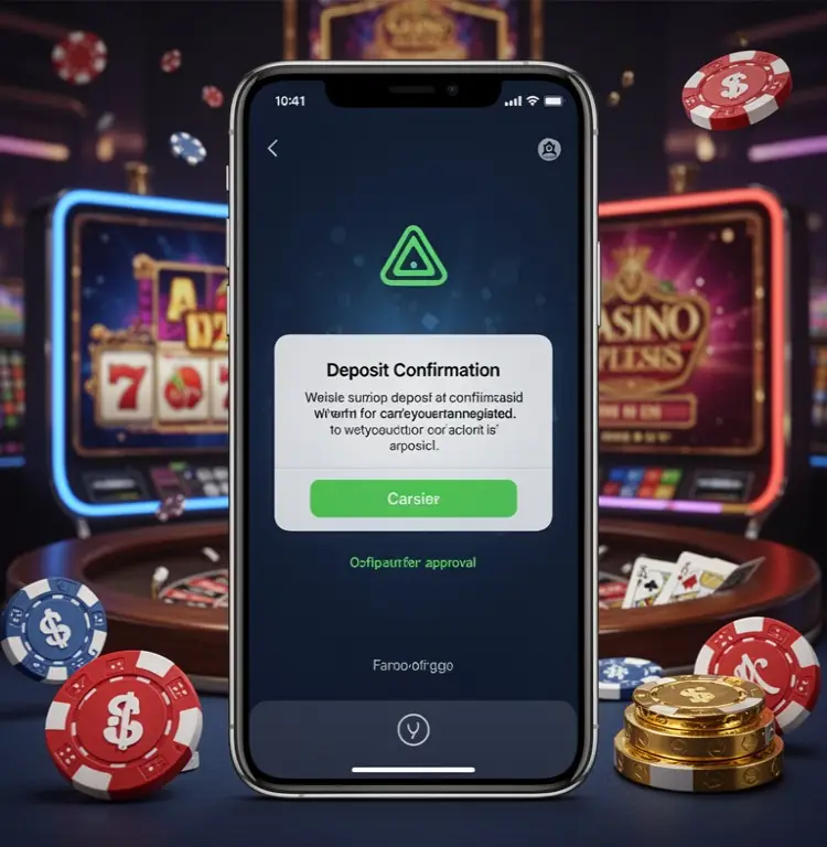 A mobile phone shows a casino deposit confirmation waiting for carrier approval.