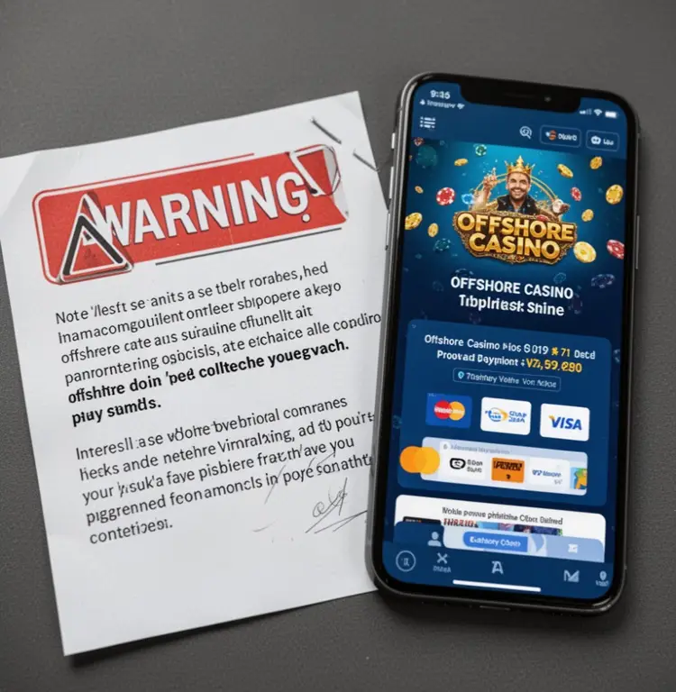 A warning note sits beside a phone showing offshore casino wording and payment claims.
