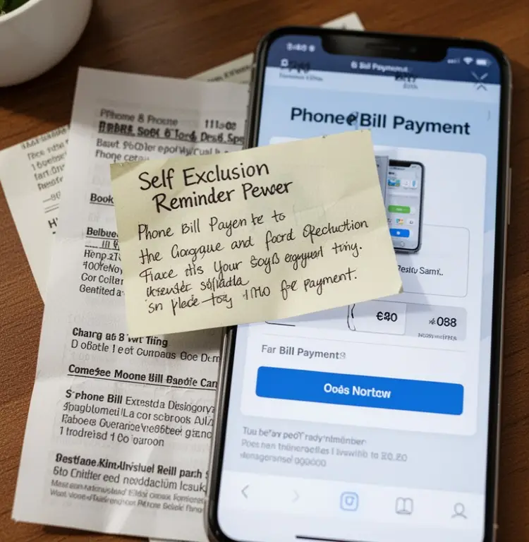 A self exclusion reminder note is placed over a phone bill payment offer.