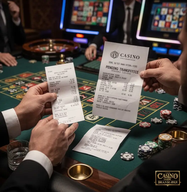 A player compares a bank receipt with a casino pending transfer notice.