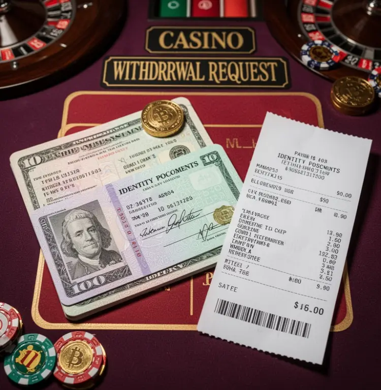 Identity documents and a payment receipt are arranged neatly before a casino withdrawal request.