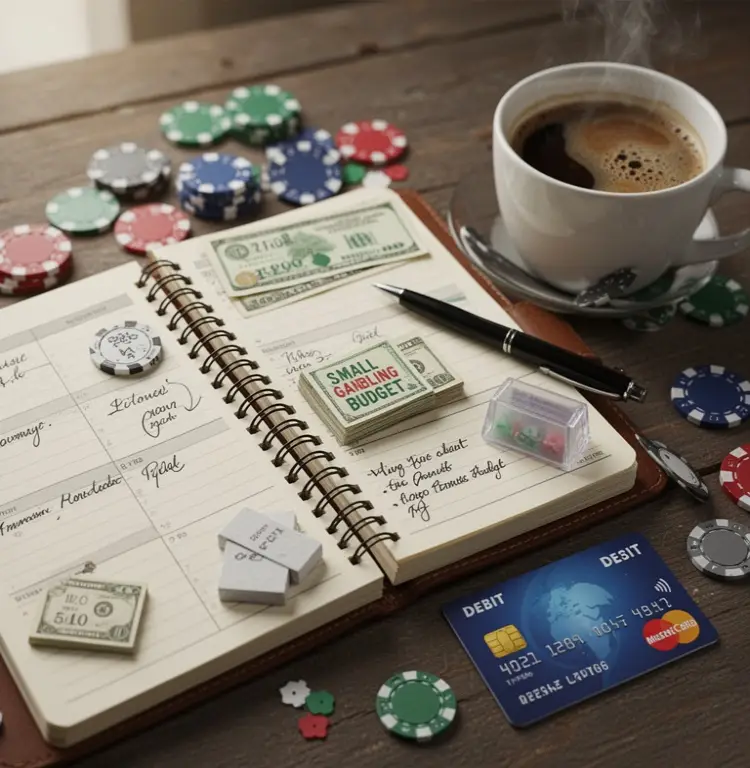 A notebook with a small gambling budget is open beside a debit card and a cup of coffee.