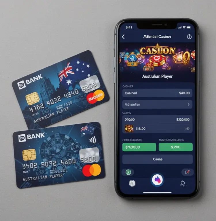 A bank card sits beside a phone showing a simple casino cashier screen for an Australian player.