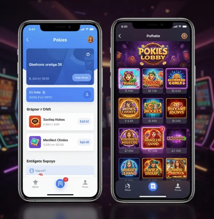A digital wallet screen is open beside a pokies lobby on a mobile phone.