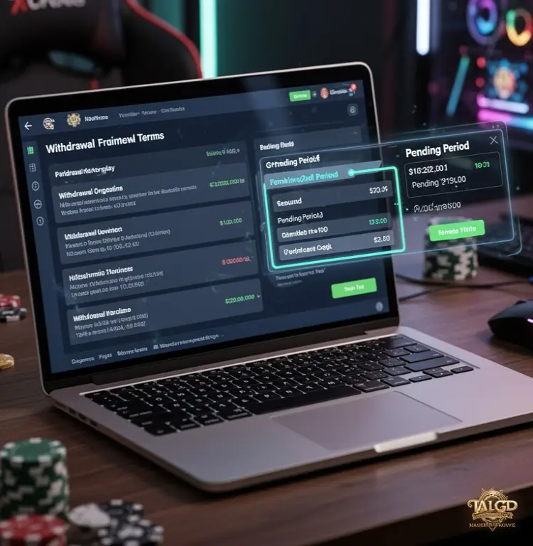 A laptop shows withdrawal terms while a player highlights pending period details.